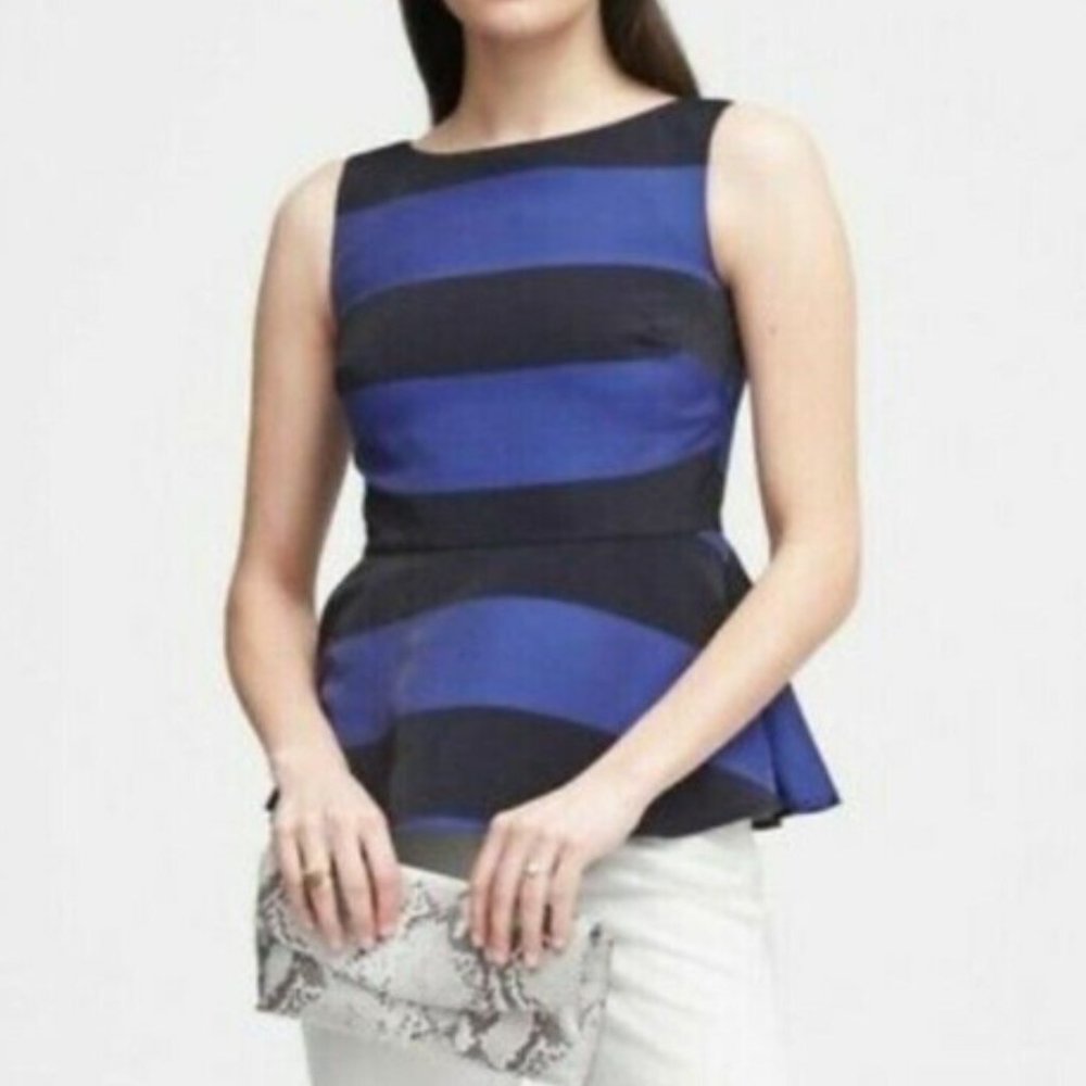 NWT Banana Republic Black / Blue Stripe Peplum Top Sleeveless Blouse Shirt